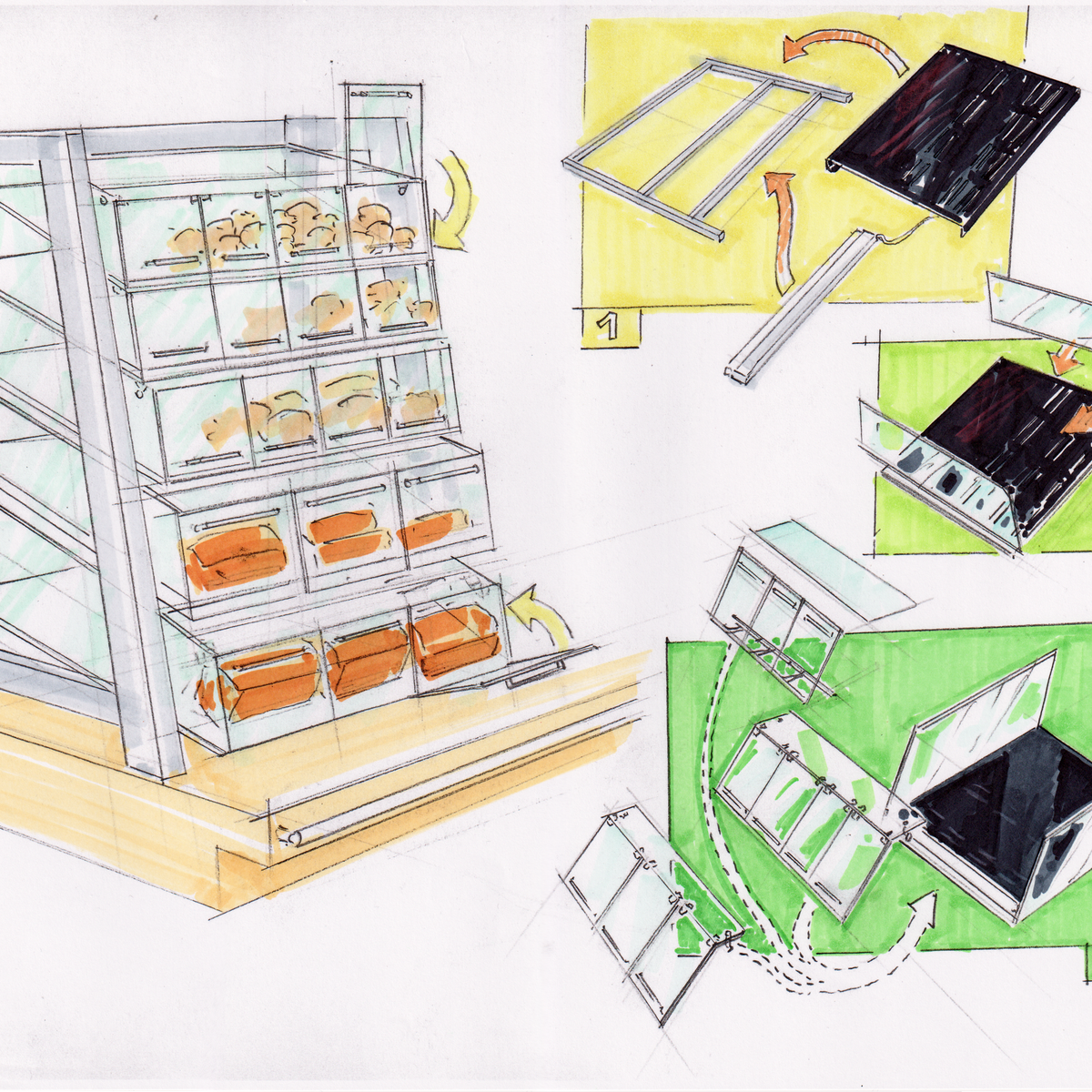 Selbstgezeichnete Montageanleitung mit Schritten zur Zusammenstellung, präsentiert in einer Bäckervitrine im Selbstbedienungsbereich.